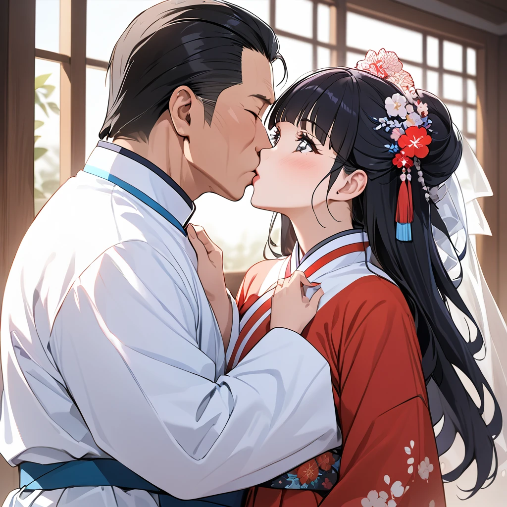 ((Highest quality)), ((masterpiece)), (detailed), （Perfect Face）、The woman is Reika Aoki with semi-long hair、The woman is wearing a North Korean traditional traditional dress and is holding a kiss and vows with a middle-aged North Korean man to get married.