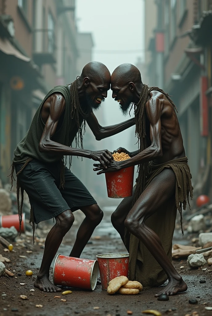 Two dark-skinned homeless people who are skinny and fighting over Kentucky Buckets Chick
