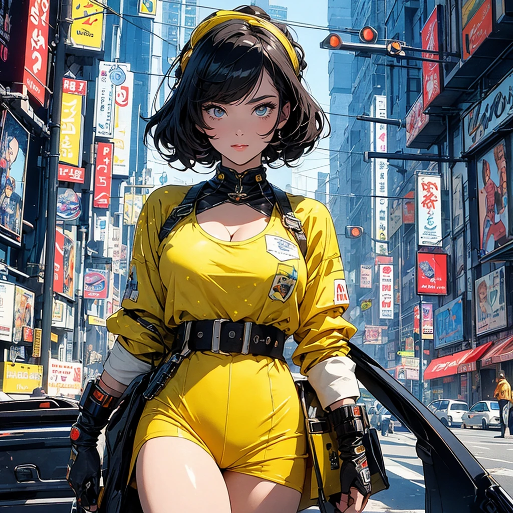 (masterpiece, highest quality), 32K,(highly detailed beautiful woman), poster,SF,1960s,1970s,bauhaus, shape, abstract,movie poster, vintage,retro,futuristic anime,ultimate map,highlight,highly detailed glowing eyes,cleavage,complicated pattern,Stylish hairstyle,fluorescence((yellow clothes)),Starry Sky,Cyberpunk street fashion,