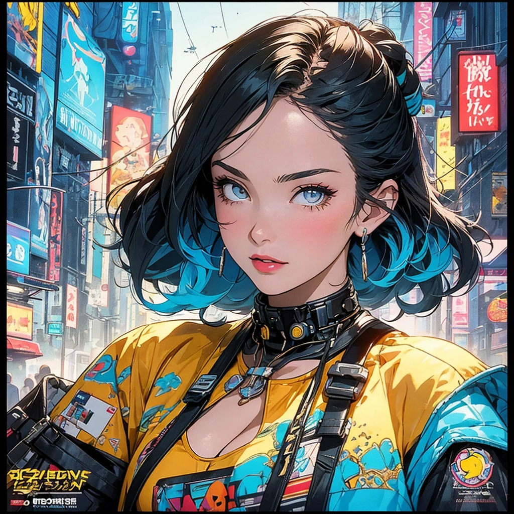 (masterpiece, highest quality), 32K,(highly detailed beautiful woman), poster,SF,1960s,1970s,bauhaus, shape, abstract,movie poster, vintage,retro,futuristic anime,ultimate map,highlight,highly detailed glowing eyes,cleavage,complicated pattern,Stylish hairstyle,fluorescence((yellow clothes)),Starry Sky,Cyberpunk street fashion,