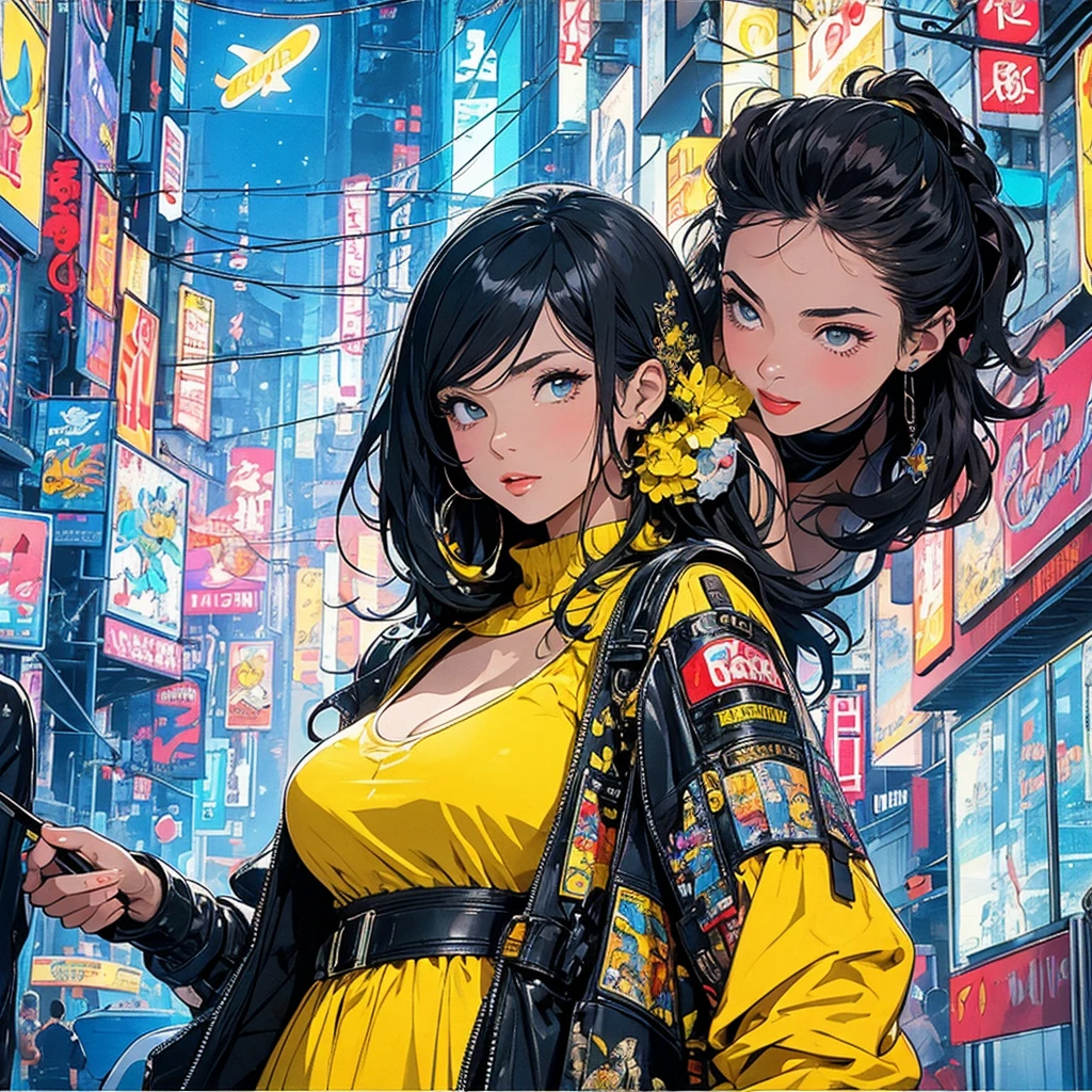 (masterpiece, highest quality), 32K,(highly detailed beautiful woman), poster,SF,1960s,1970s,bauhaus, shape, abstract,movie poster, vintage,retro,futuristic anime,ultimate map,highlight,highly detailed glowing eyes,cleavage,complicated pattern,Stylish hairstyle,fluorescence((yellow clothes)),Starry Sky,Cyberpunk street fashion,