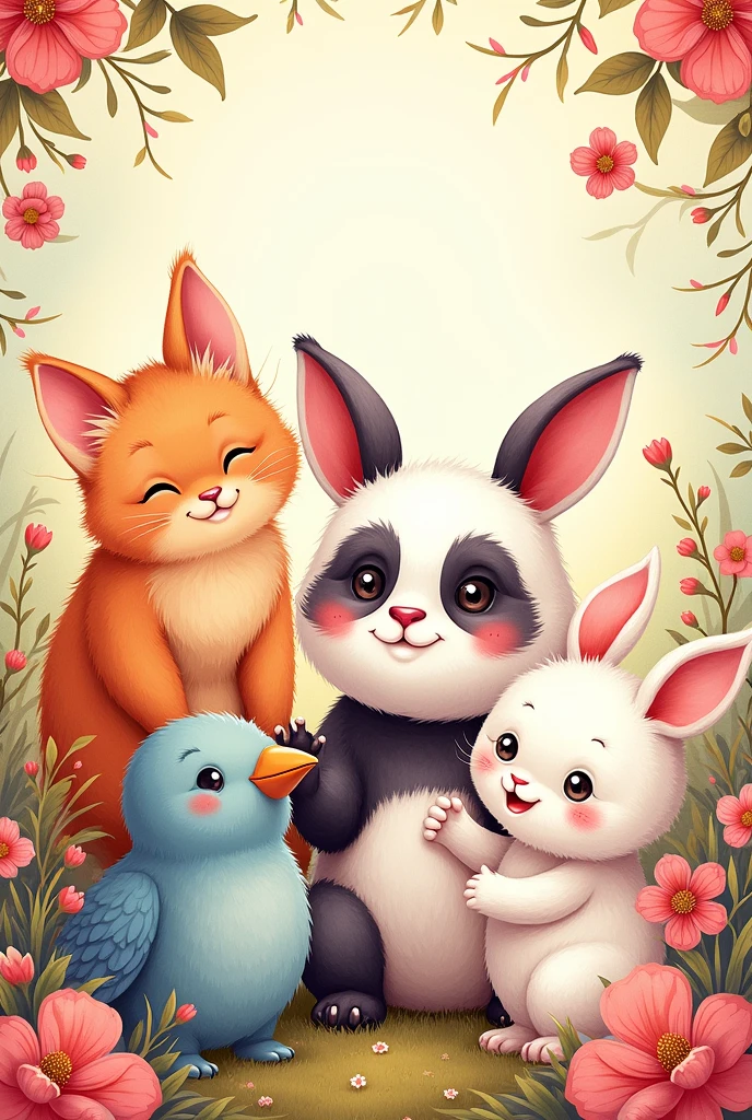 A cover for a coloring book , with several cute animals to paint, that are in harmony