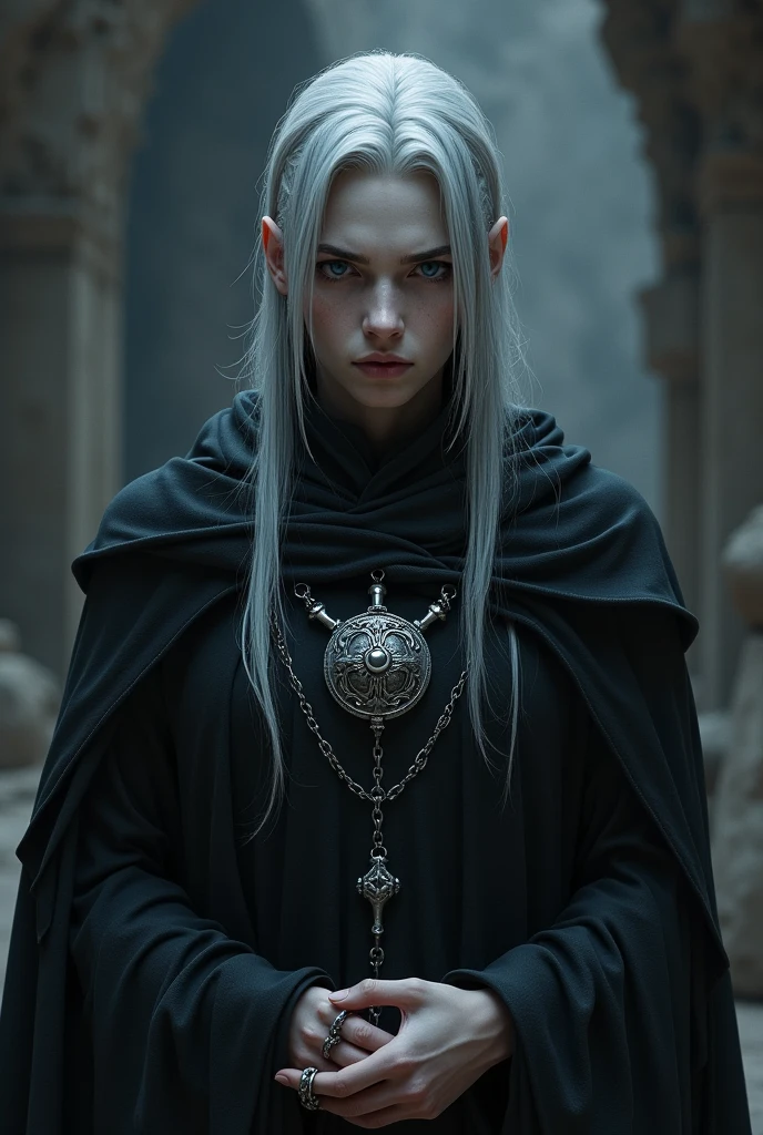 Skin Tone: Pale, with the complexion of someone who spends much time indoors or in the cold.
Hair: Shoulder-length gray hair, often tied back, with streaks of white.
Eyes: Deep blue, with a somber, reflective gaze.
Body: Lean and tall, with a strong, but not overly muscular build.
Clothing: Dark robes with silver accents, symbolizing the balance between life and death. Occasionally wears a hood that partially obscures his face.
Accessories: A ring inscribed with the symbol of Arkay, and an amulet of Arkay prominently displayed over his chest.