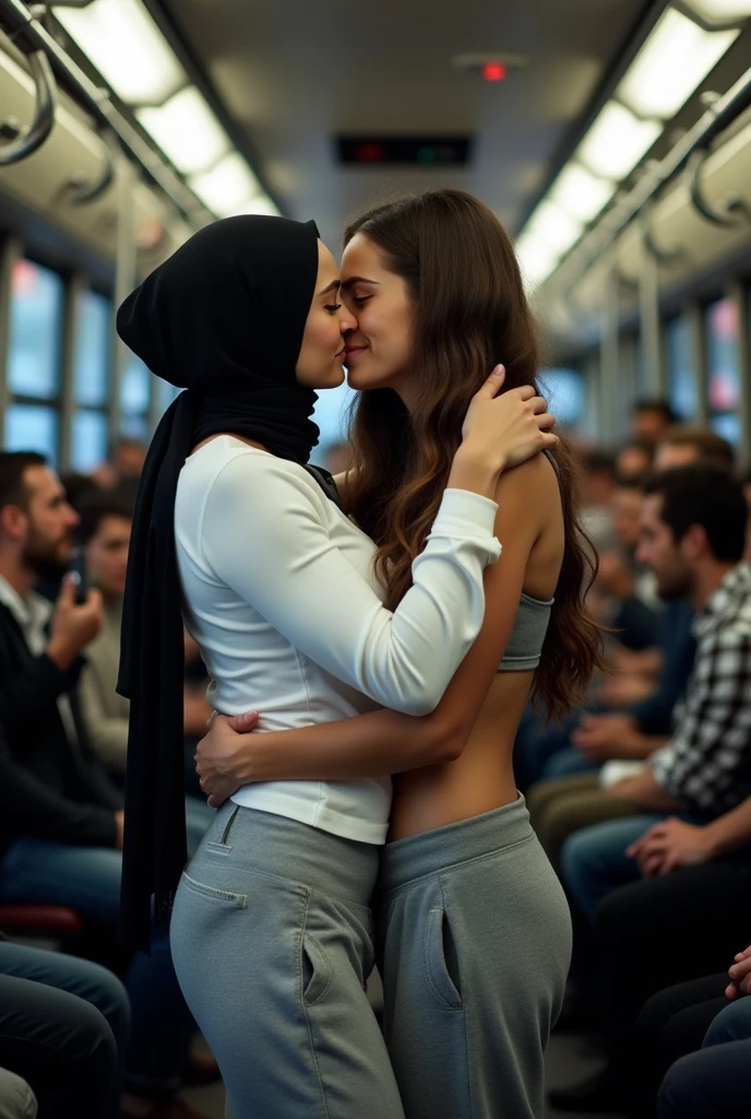 Black headscarf on a crowded bus, white long sleeve t shirt, Sexy skinny woman in grey baggy sweatpants kissing a man. Men on bus hug woman from behind.