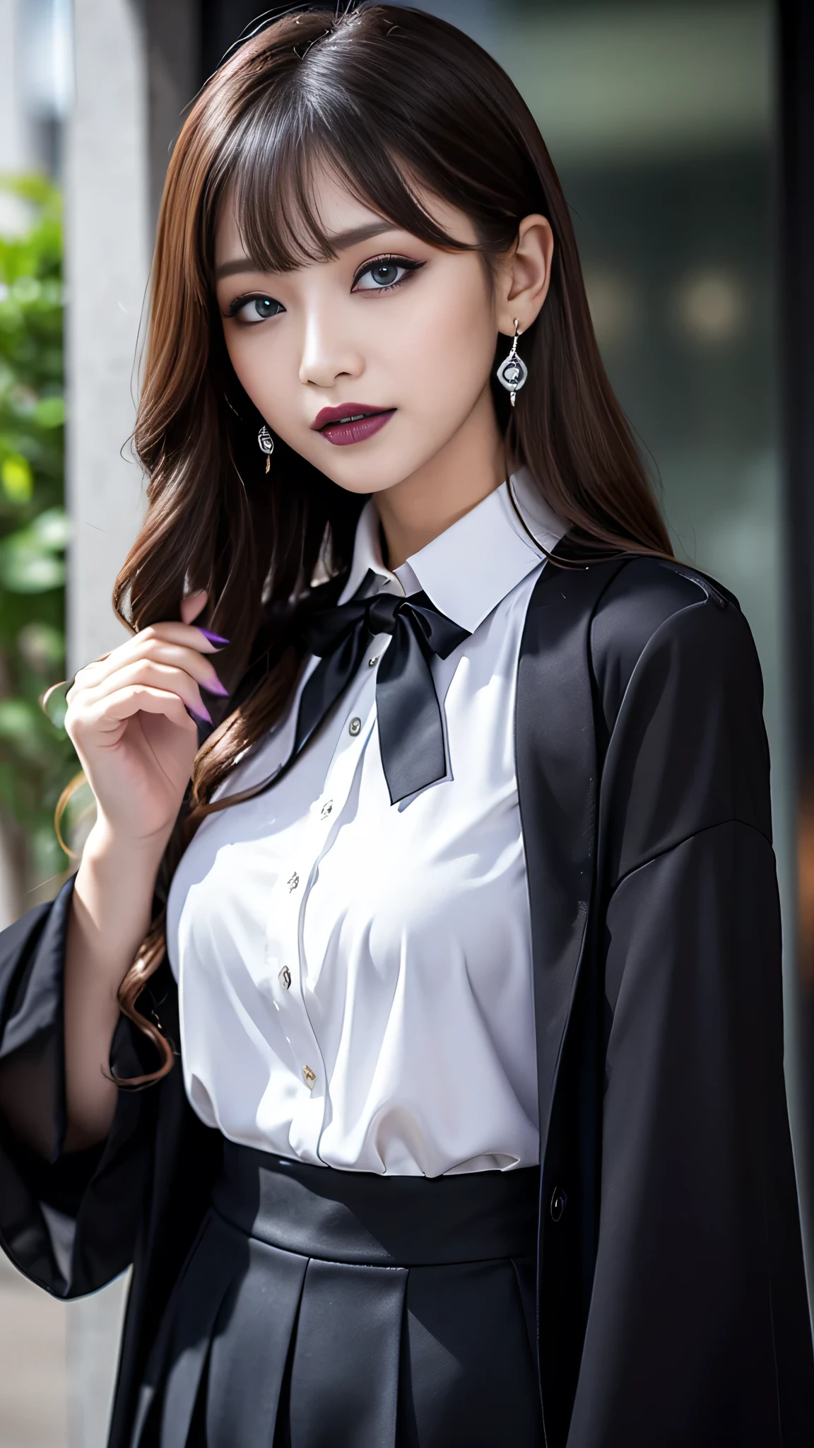 best quality、ultra-detailed、8k、Japanese、Seductive beauty、seductive adult woman、Pretty Woman、cool girl、smirk、Wicked Smile、Villainess、brainwash makeup、brainwash、Fallen into evil、Evil look、evil、Brown hair、wavy hair、swept bangs、dark makeup、piercing eyes、hollow eyes,half-closed eyes、Hollow Eyes、purple Eyeshadow、black lipstick、black lipglos、Purple Eyeshadow、black lipstick、black lip gloss、Dark Makeup、smirk、Whisper in my ear、business suit、black Jacket、white blouse、Black ribbon、Wide sleeves、Pleated skirt、pantyhose、night、inside darkroom、I have lipstick、Are standing、shoot from below、Hold your hand forward、