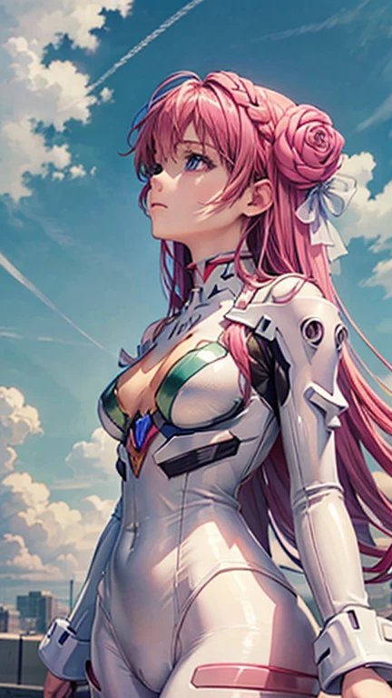 ((Highest quality)), ((masterpiece)), (detailed), Perfect Face,Perfect Face,　1girl , pink long hair、(Evangelion、Pink plug suit、Bodysuits)、　graduate School　、　Dorothy、Looking up at the sky、Flower storm、 anime touch