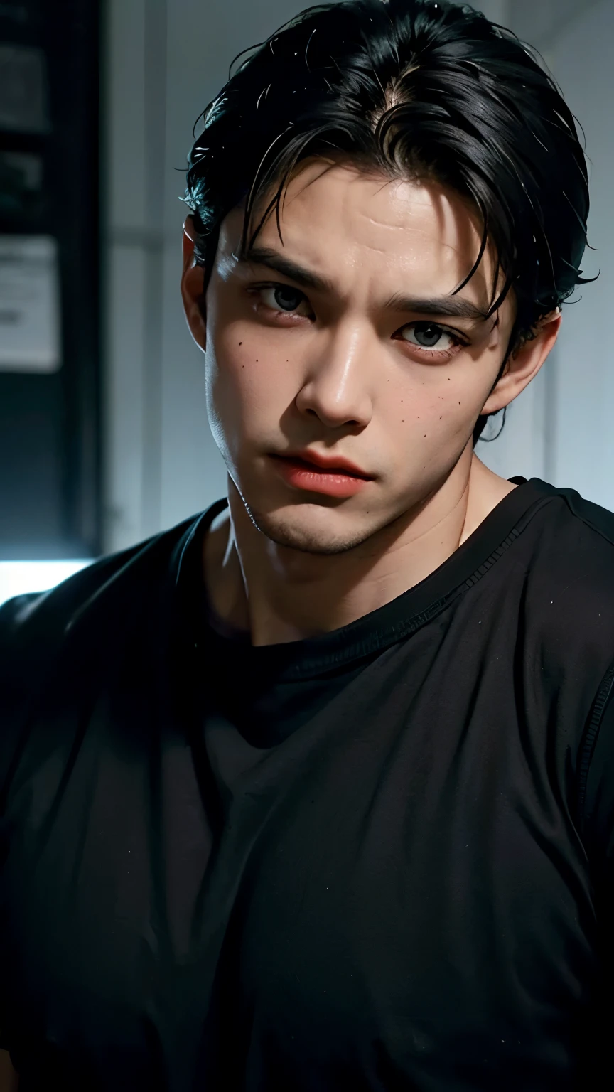 Young Bruce Wayne man black hair, big muscular body, black t-shirt, in dark room, close up face short