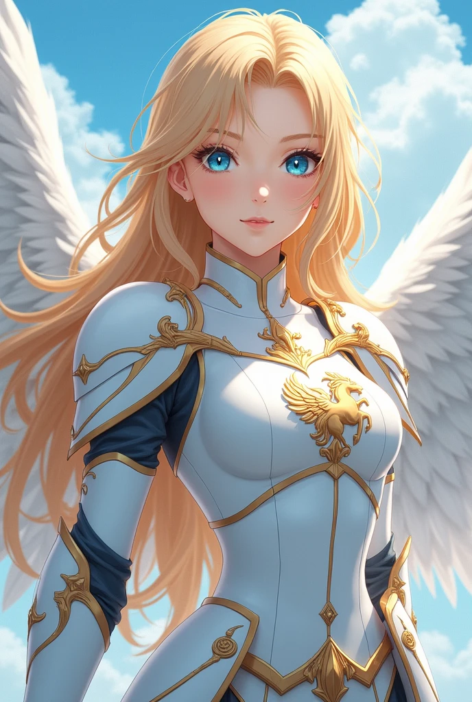 Anime style girl, Golden hair, blue eyes, White wings, wearing white armor using a pegasus emblem