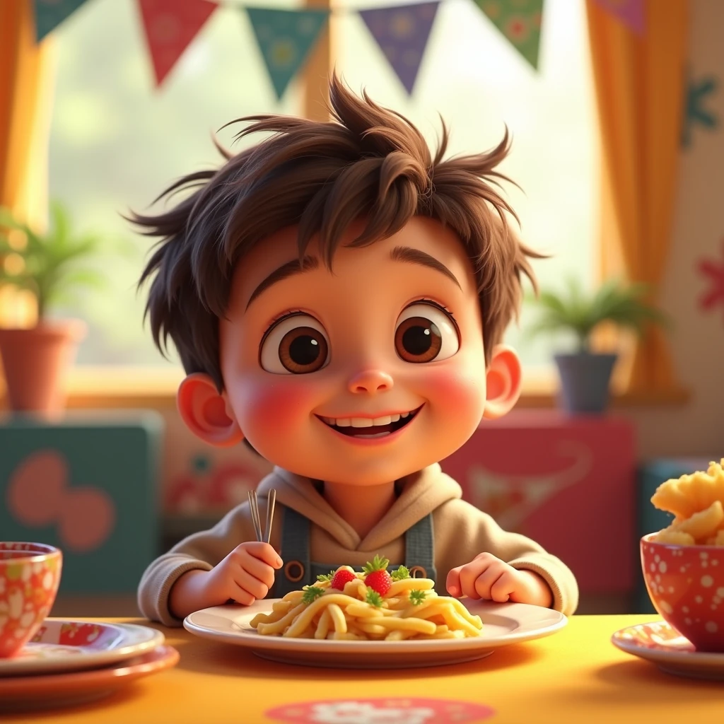 Image type: Pixar cartoon of a boy, short brown hair, big cage eyes, Expression of a happy and friendly child. The child is eating at the happy table
