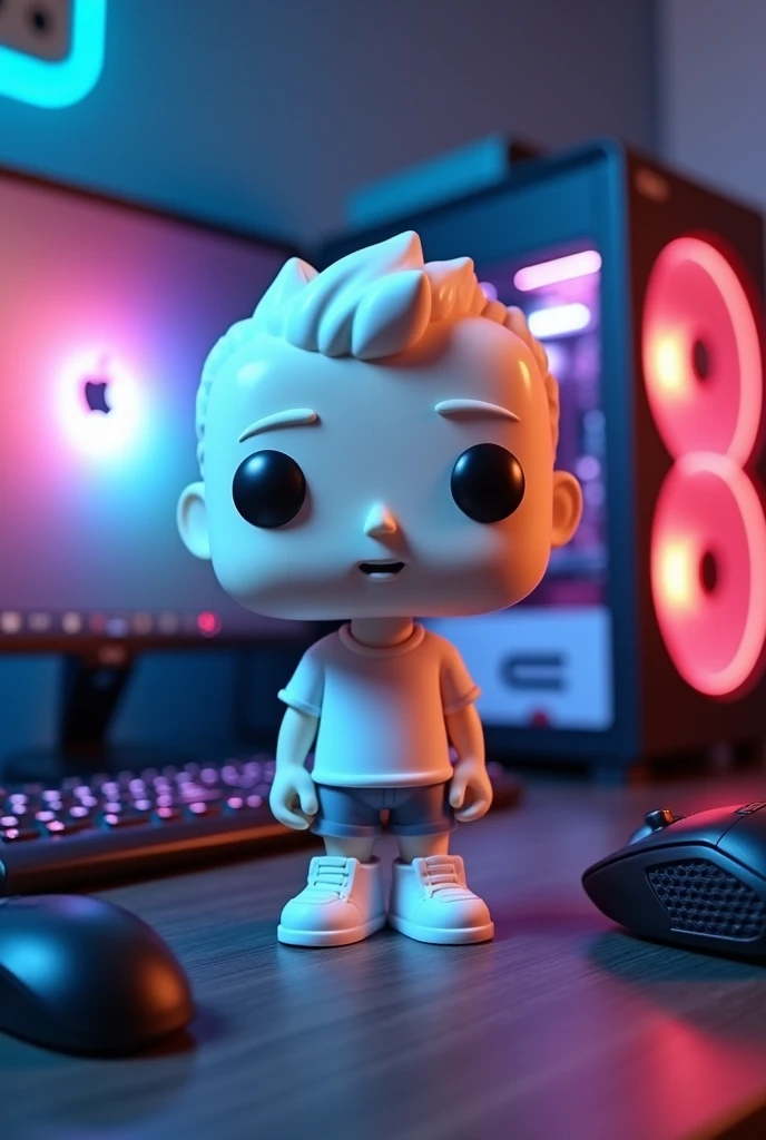 Funko pop of a white gamer doll with gamer accessories and a gamer computer
