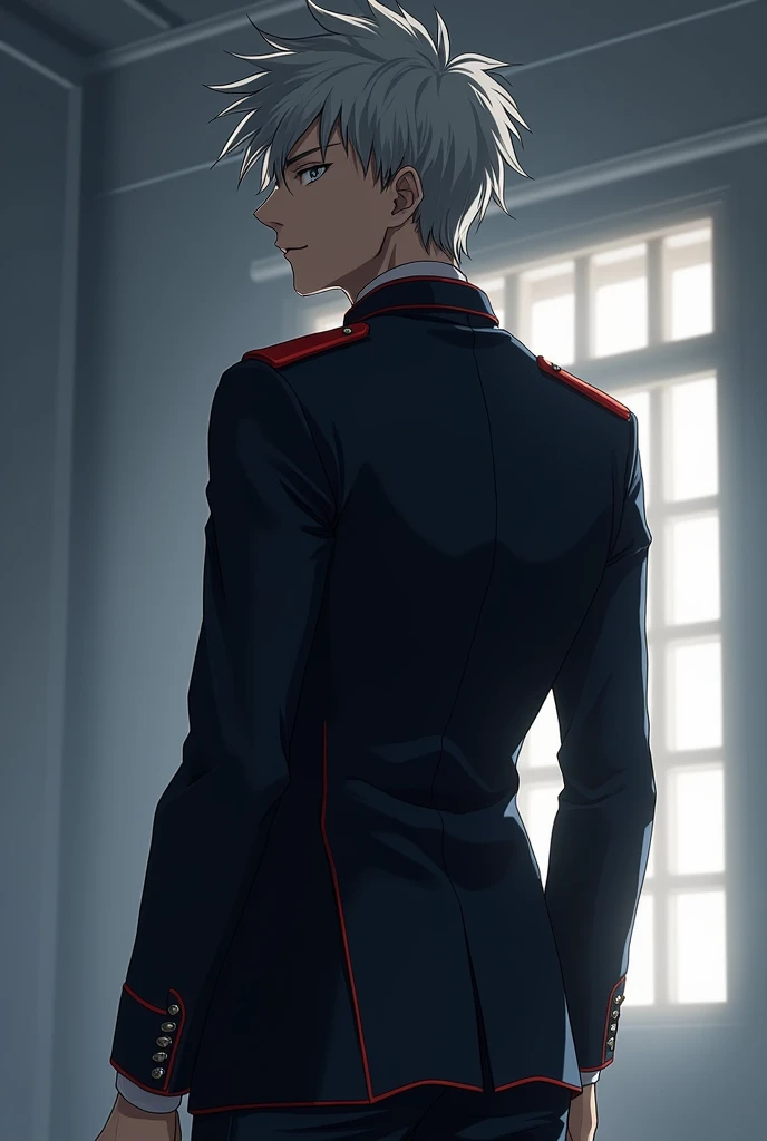 masterpiece, best quality, high quality, 1boy, solo, male focus, looking at viewer, nakajima_atsushi, grey hair, (military uniform: 1.2), rear view, shows ass, butt