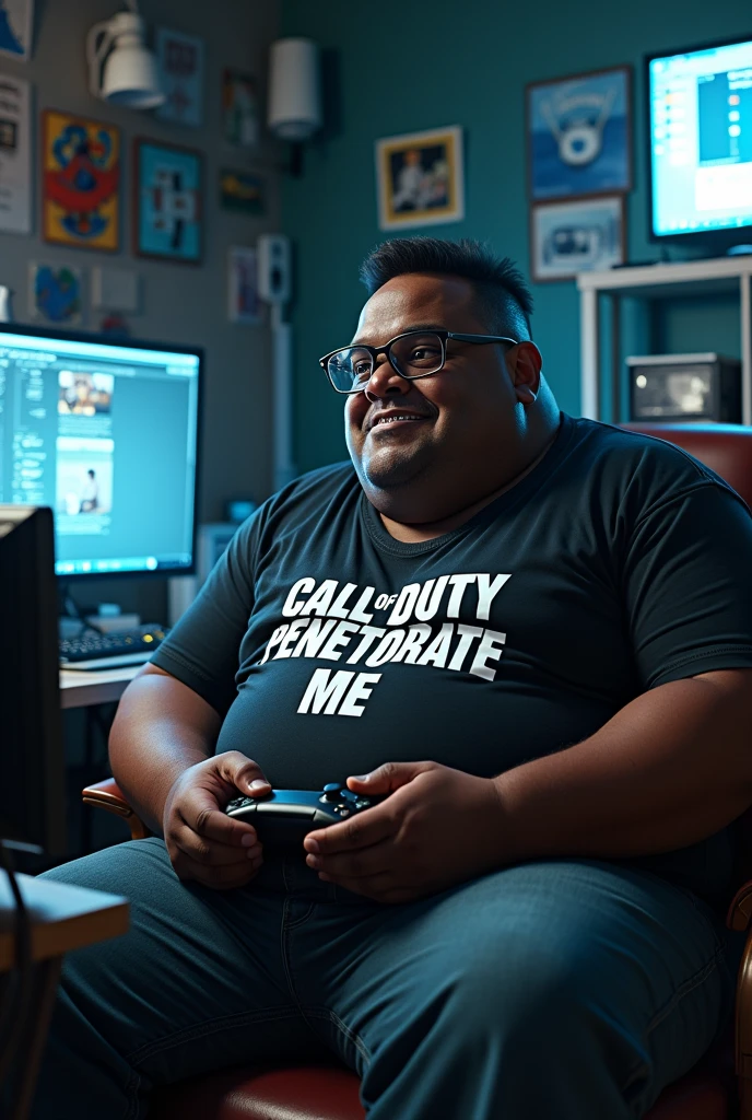 Create an image of a fat, dark-skinned, nerdy man with braces playing video games with a t-shirt that says call of duty penetrate me 