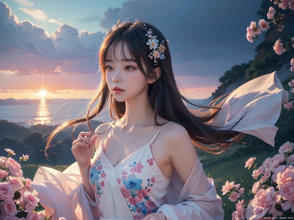 ((masterpiece)), ((best quality)), 8k, high detail, Super detailed, illustration, Japanese cartoons, beautiful girl pictures, Lovely, 1 girl, soft light, skirt, hair, flower, actual,