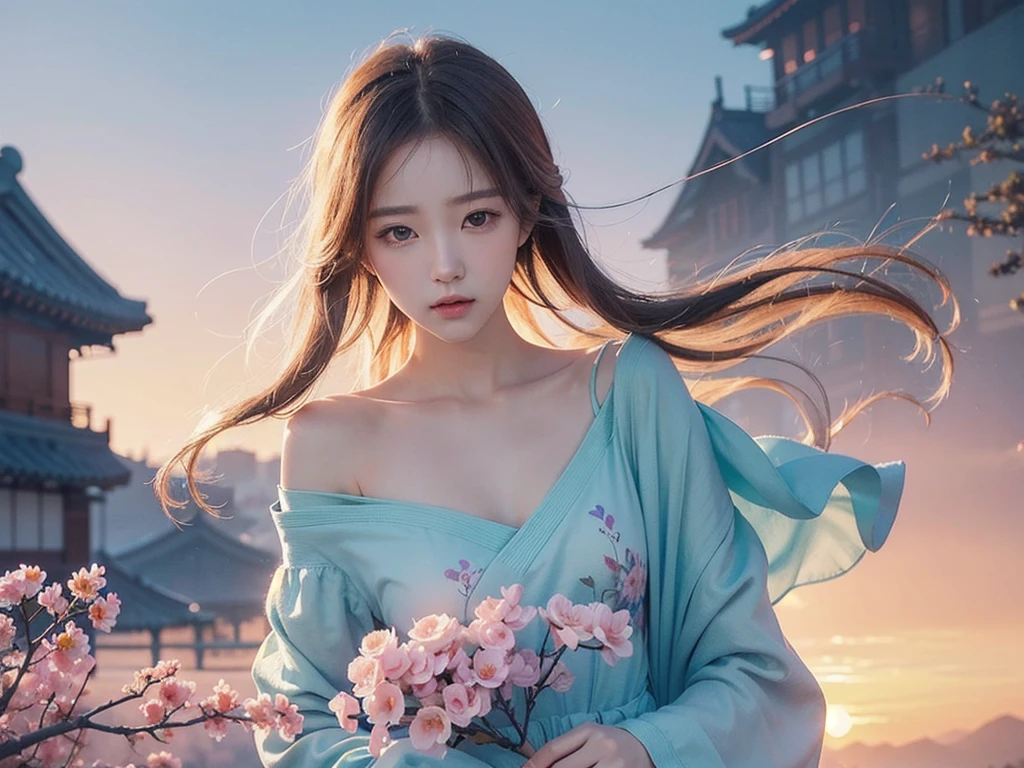 Mysterious Korean beauty,sunrise,Floral,perfectly structured, she is a little sad ,(aquarel), digitale Illustration, Anime Style, The content is very detailed, volumetric lightning, Pastel color, dynamic combination, The image is clear and sharp, (exquisit, Sublimation:1.2), Indescribably beautiful,
