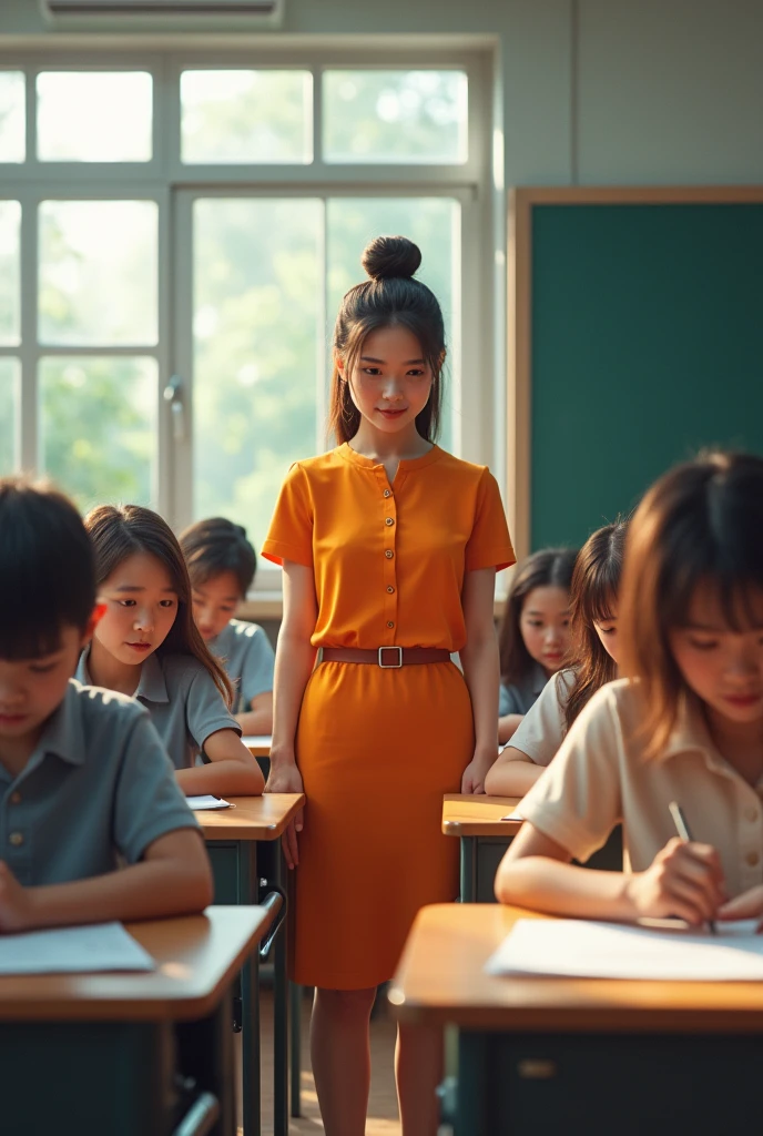 Several students taking a test while the teacher in an orange dress watches them nervously