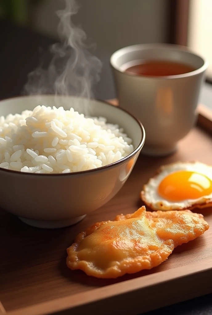 Rice bowl and tea and fried egg