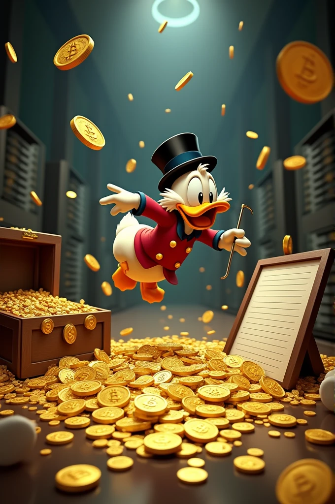 Uncle Scrooge Disney character, jumping into the pool of gold coins, several bitcoin coins and he counting many, different scenarios, dark in the background / he holding a blank letter board, many coins piled up on the bottom, treasure chest, modern computers 