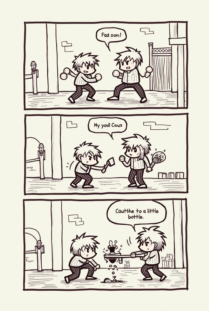 Quadrinho 1:Character 2: "no, Where is my little bottle??"Comic 2:Character 1: "in front or supine!! ."Comic 3:Character 2: (with a sword in hand, facing the bench press, ready to fight.) "
