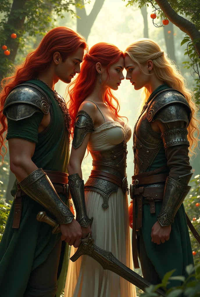 a beautiful female warrior with red hair and green eyes, in a love triangle with two male warriors, one with long red hair and the other blond the seduce her