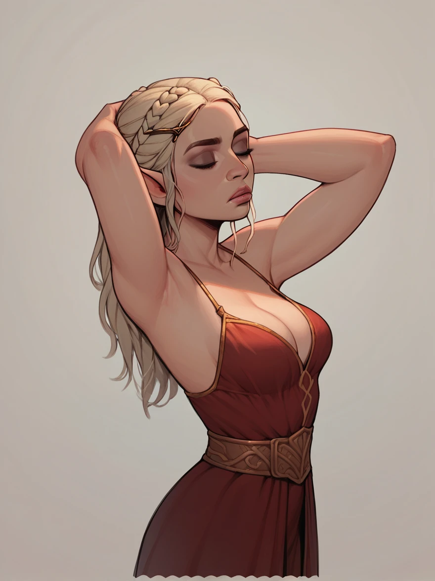score_9, score_8_up,score_7_up, score_6_up, score_5_up, score_4_up, woman, best quality, highres, full shot, solo, beautiful, makeup, soft lips, daenerys (bored), large cleavage, beautiful red dress, (((simple background))), thin elf ears, head up, eyes closed