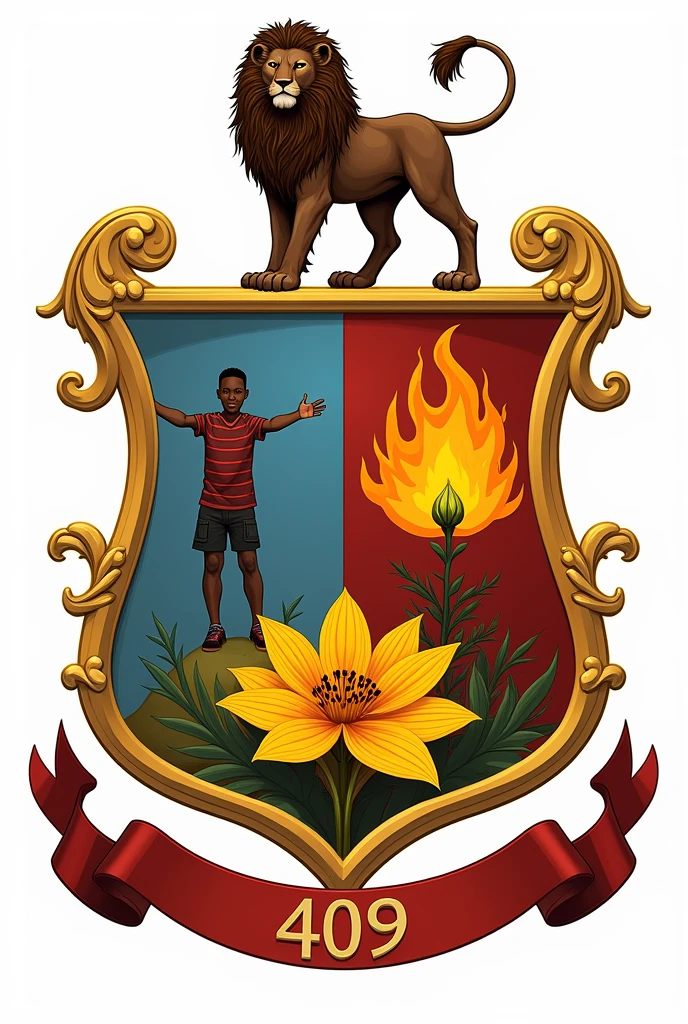 Bonjour, I want to create a coat of arms for my class of 409. The coat of arms will be divided into four parts.
Dans la Premier partie je veux le dessin d'un jeune ecolier africain qui porte un lion en Haut de ses bras.
In Part Two I Want Flames.
In the third part I want the words " Friendship, Mutual Aid and Respect" in French.
In the fourth part I want a yellow ylang flower.
And on a banner at the end it will be written " 409"