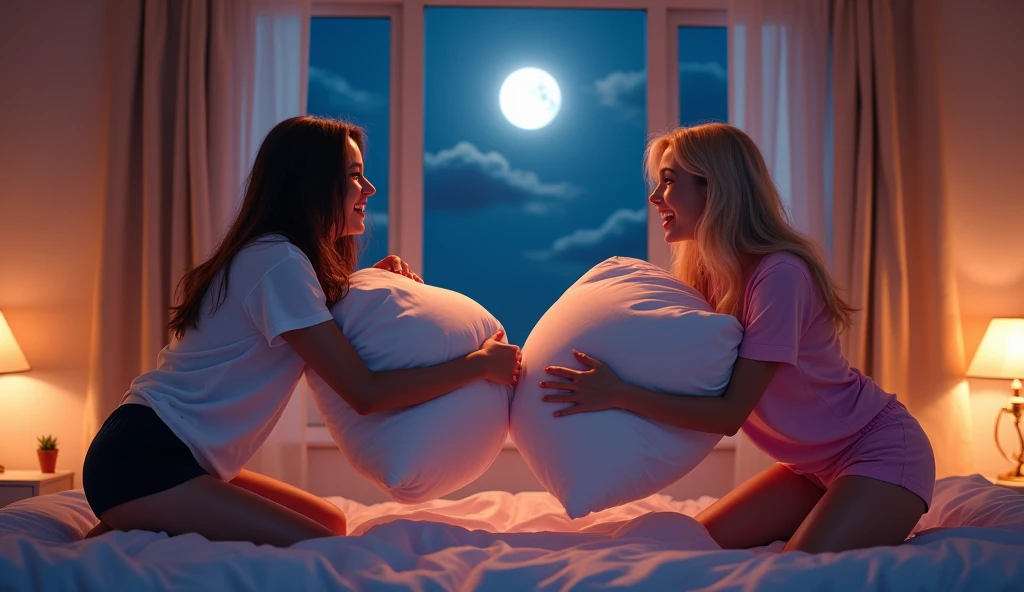 the best photo, the most realistic ,Clareza 4K,1 Latina woman, brown hair with shoulder length,18-years old ,White cotton shirt with black shorts, Delicate face, shoulder-length hair, ebony skin . 1 woman and 2 woman are having a pillow fight , they are in an all-female room, has a window with a view of the moon, it's night . 2 American woman , blonde hair with long length ,19yearsold ,pink pajamas, Delicate face, big hair , white skin