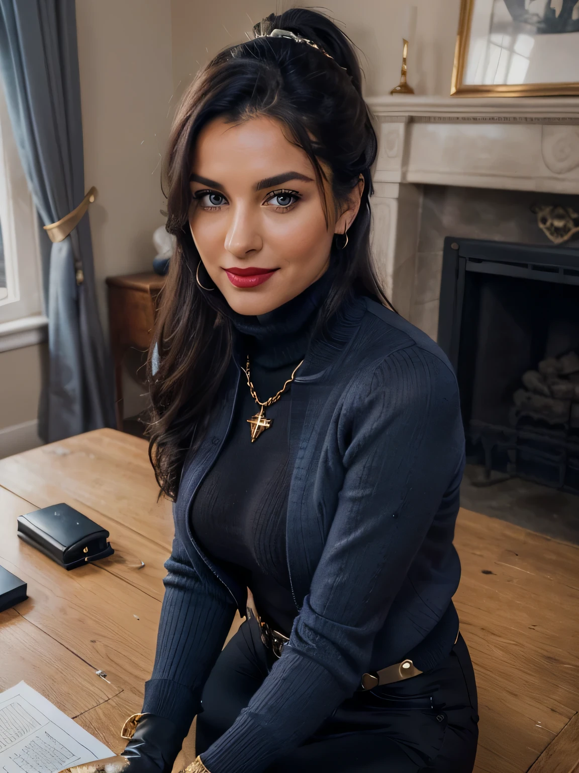 photo of a completly clothed prime minister of parliament woman with a smile sitting on her desk legs open ( no nudity) ,waitin for the man she loves , monica bellucci at 32 , ((incredibly clear clear blue eyes )) (( flirting with the camera)) (( smart smiling lookin at the camera)) (( red lipstick)) (( Monica is dressed with a blue tellier jacket blue turtleneck sweater , gold chain, and black pants inside the boots,:1.2 )) (( black soft stiletto pirate high knee boots )) (( black ponytail hair)) (( she is wearing his favorite vintage grey silk gloves )) (( she is showing me her beautifull black boots)) (( the photo is from up front worms eyes view )) 4k 8k ultradetailed, kodak print, detailed realistic face, 4k 8k ultradetailed, smooth images, realistic woman, detailed eyes, detailed face, detailed lips