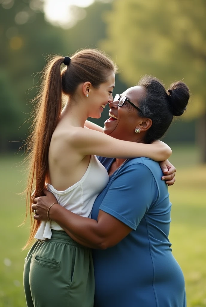 Create a photo of a 30 year old young woman, with long light brown hair tied in a ponytail with a lock of hair over her face, slender and beautiful body, wearing green sweatpants and an open white shirt without a bra with bare breasts, with white and clear skin, is facing the camera being hugged and lifted high into the air by an elderly black lady, dark-skinned, obese, did, lowrise, with short hair who is wearing a blue dress and glasses