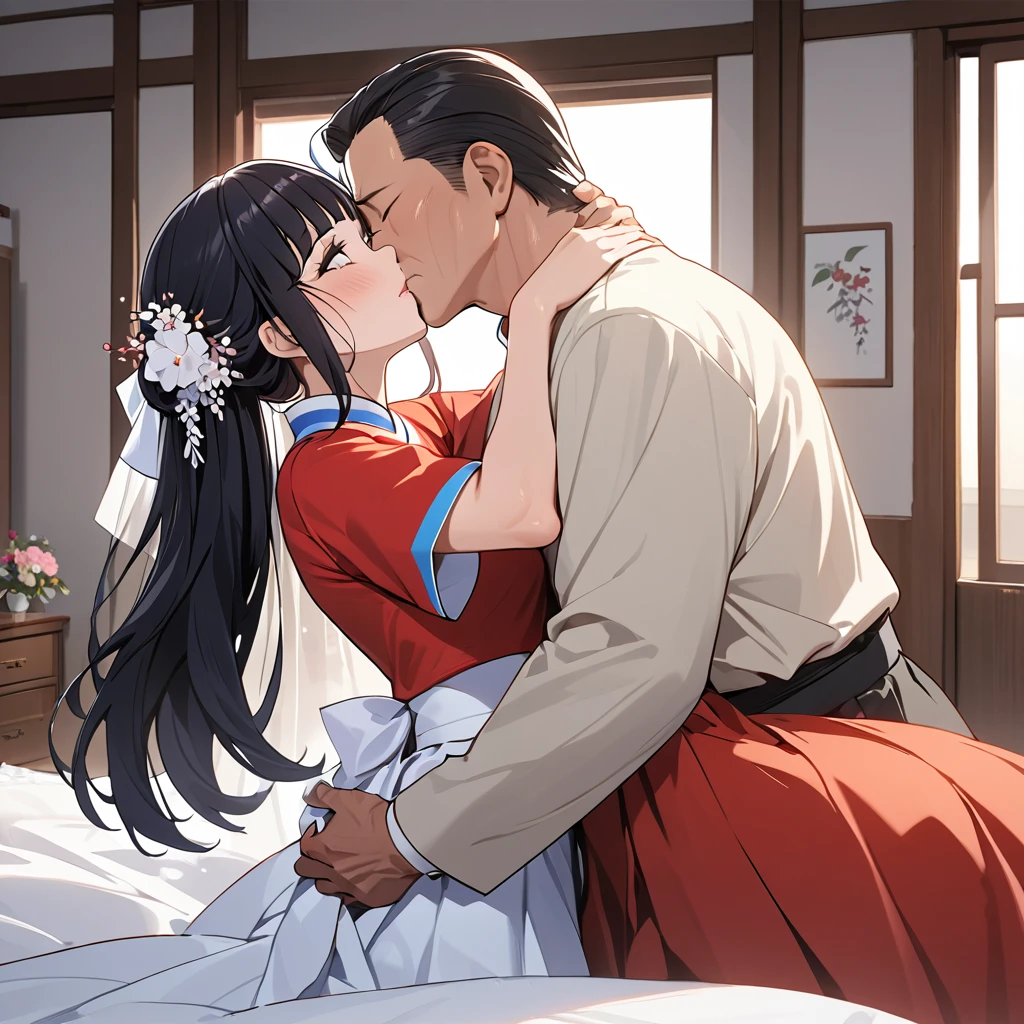 ((Highest quality)), ((masterpiece)), (detailed), （Perfect Face）、The woman is Reika Aoki with semi-long hair、The woman wears a North Korean traditional dress, embraces a middle-aged North Korean man, and becomes a North Korean woman in their wedding ceremony.、A woman is embracing a man on a bed in a bedroom, kissing him, having sex and making love.