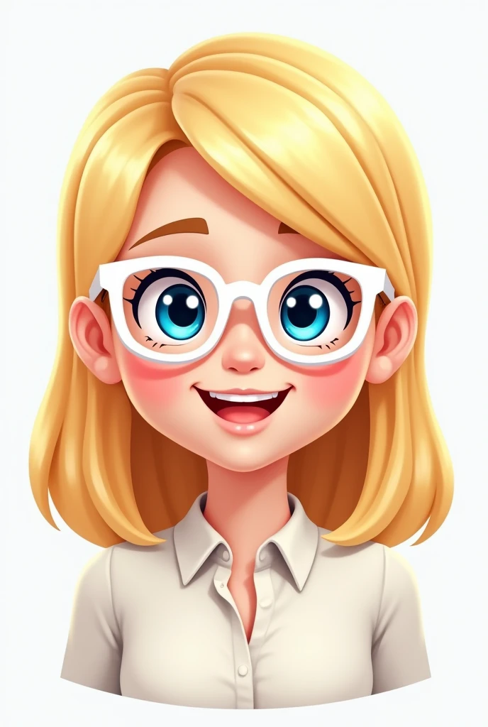 create a cheerful teacher avatar bitmoji style, White Teacher, straight blonde hair and big. Blue eyes and white framed glasses.