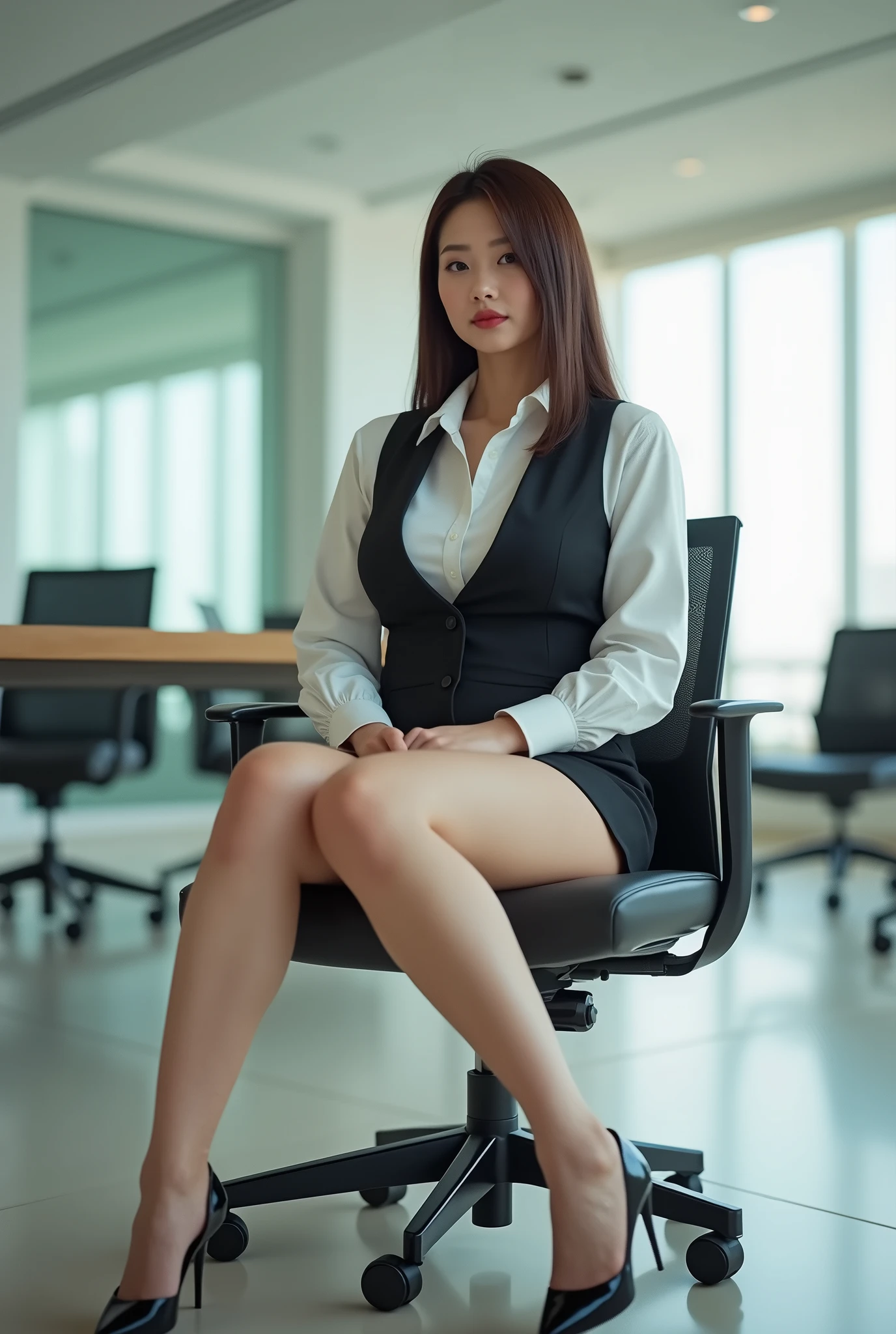 run-6500-v1.1, (RAW Photos:1.7), (Browsing Caution:1.3), (Realisticな、Realistic:1.37), (8k、RAW Photos、Highest quality、masterpiece:1.2)、 (Genuine:1.7), ((Ultra-high resolution,High-quality images)), Very detailed, Physically Based Rendering、Ultra-high resolution, Sharp focus, (((Correct Anatomy:1.2)))、(masterpiece, Highest quality:1.5), (ultra detailed 8k cg:1.4), (hyperRealistic:1.25), (PhotoRealistic:1.25), (Realistic:1.4), Complete limbs, Full Finger, (Shooting from a distance:1.4), Realistic, Detailed face, Detailed skin, BREAK, Japanese Mature, alone:1.6, (Beautiful Face:1.5),ld mature woman, (Brown Hair, Shoulder-length straight hair), BREAK, Sit in a business chair:1.3, 膝を大きく左右に広げてSit in a business chair:1.6, Sit with your legs wide apart, BREAK, I'm showing my panties:1.6, Rest both hands on the armrests of the chair, (White sexy panties:1.6), BREAK, (White business shirt:1.8, Black business vest:1.8, Black ultra-mini skirt:1.8), Thin black nylon knee socks:1.8, Black high heels, Sit in a simple office chair, Empty conference room background, Bright interior, Daytime, BREAK, (Full body image:1.3, From head to toe:1.3), (Shooting from below:1.2, Ceiling seen from below:1.2), (Front image:1.3, Turn your body towards the viewer:1.3, Face the viewer:1.3)