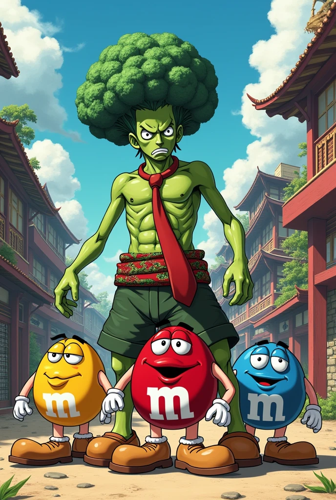 Anime: One Peice, Three Red M&M Men with big floppy potato shoes and red tie, and a Broccoli Man, and KOZUKI Oden who is scared, Giant floppy potato shoes 