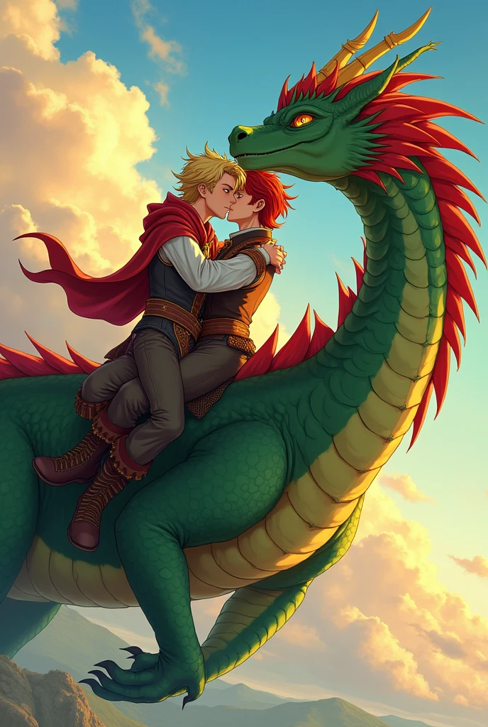 Two male agers one of them has blond hair and the other is redhead they are kissing and wearing Nordic clothes they are riding a green dragon Scarlet with yellow he has yellow eyes with black one of them is flying on a beautiful afternoon the image has to be in anime