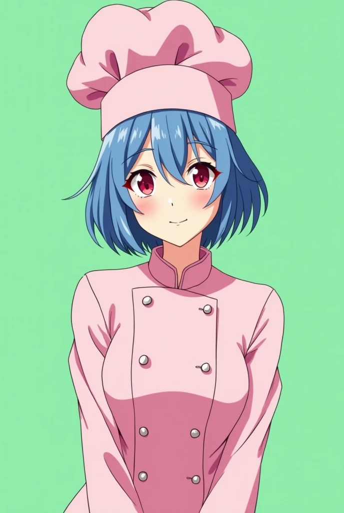 Female chef between 18 and 1, with a pink long-sleeved uniform and a chef&#39;s hat of the same color, 2D anime style with pastel colors, short blue hair, Red eyes ,with a happy and sensual expression, on a completely green and flat background