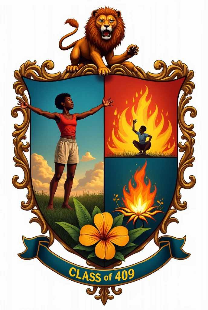 Bonjour, I want to create a coat of arms for my class of 409. The coat of arms will be divided into four parts.

 Dans la Premier partie je veux le dessin d'un jeune ecolier africain qui porte un lion en Haut de ses bras. 

In Part Two I Want Flames. 

In the third part I want the words " Friendship, Mutual Aid and Respect" in French. 

In the fourth part I want a yellow ylang flower. 

And on a banner at the end it will be written " 409"
