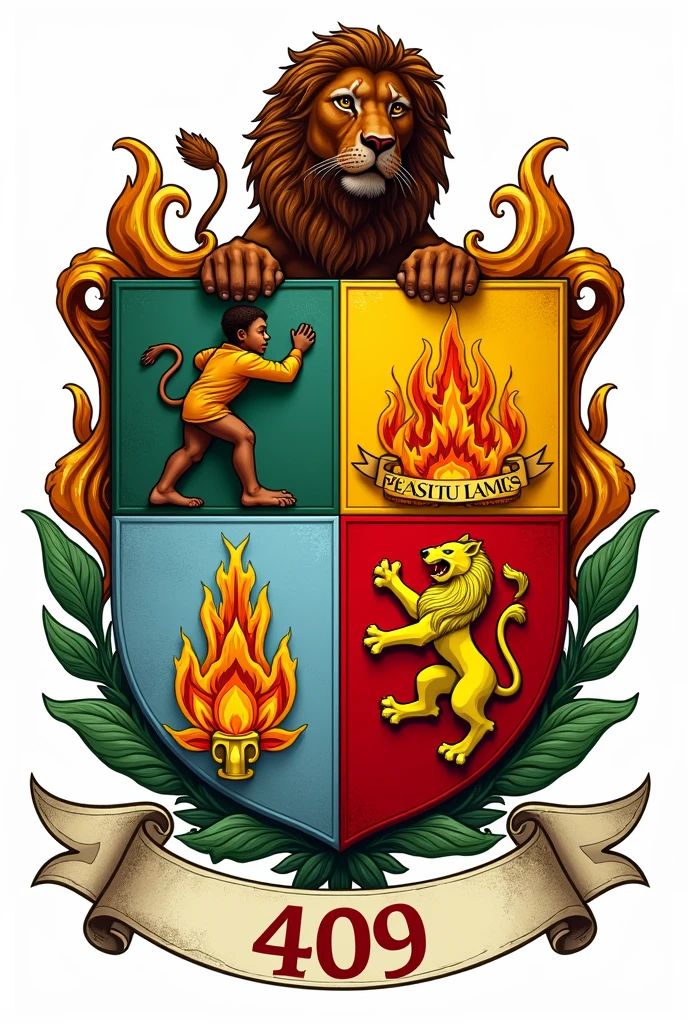 Bonjour, I want to create a coat of arms for my class of 409. The coat of arms will be divided into four parts.
Dans la Premier partie je veux le dessin d'un jeune ecolier africain qui porte un lion en Haut de ses bras.
In Part Two I Want Flames.
In the third part I want the words " Friendship, Mutual Aid and Respect" in French.
In the fourth part I want a yellow ylang flower.
And on a banner at the end it will be written " 409"