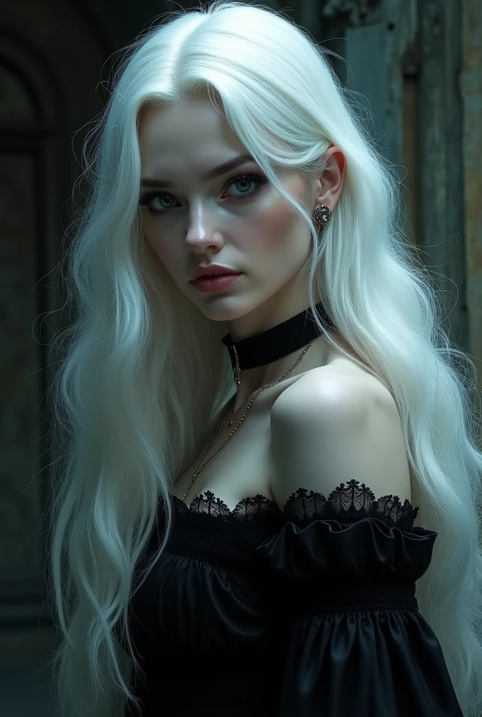 Un beau vampire aux cheveux longs et blanc attaché 