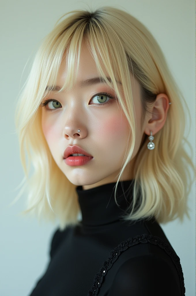 Draw an Asian with white skin, green eyes, and blonde hair with pierced ears.