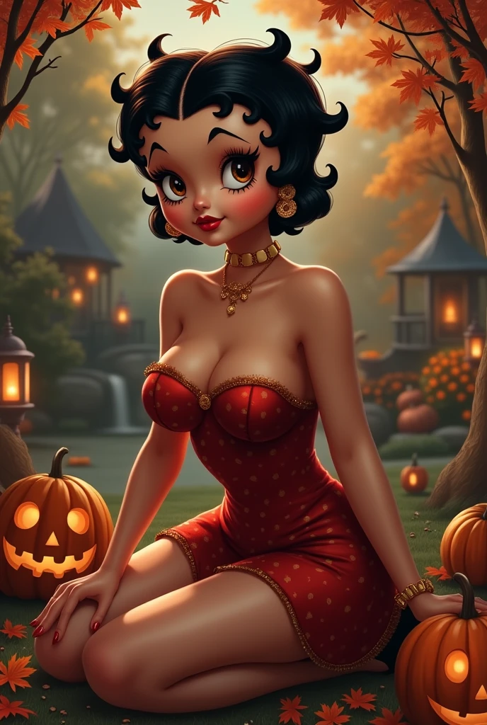 Girl Short Curly Black Hair. Full and red lips. brownish skin. big brown eyes. curvy. big breasts and wide hips. Dressed as Betty Boop . In a garden decorated with Halloween objects.