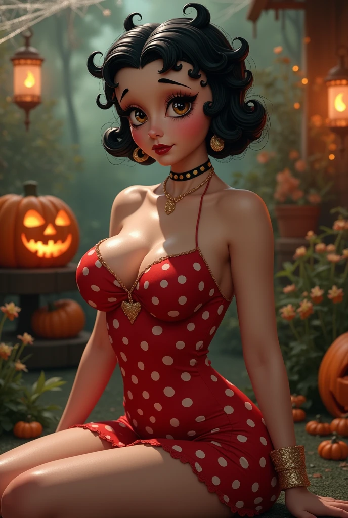 Girl Short Curly Black Hair. Full and red lips. brownish skin. big brown eyes. curvy. and wide hips. Dressed as Betty Boop . In a garden decorated with Halloween objects.