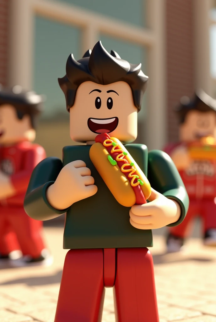 Roblox character eating hotdog dark green and red clothing colors 