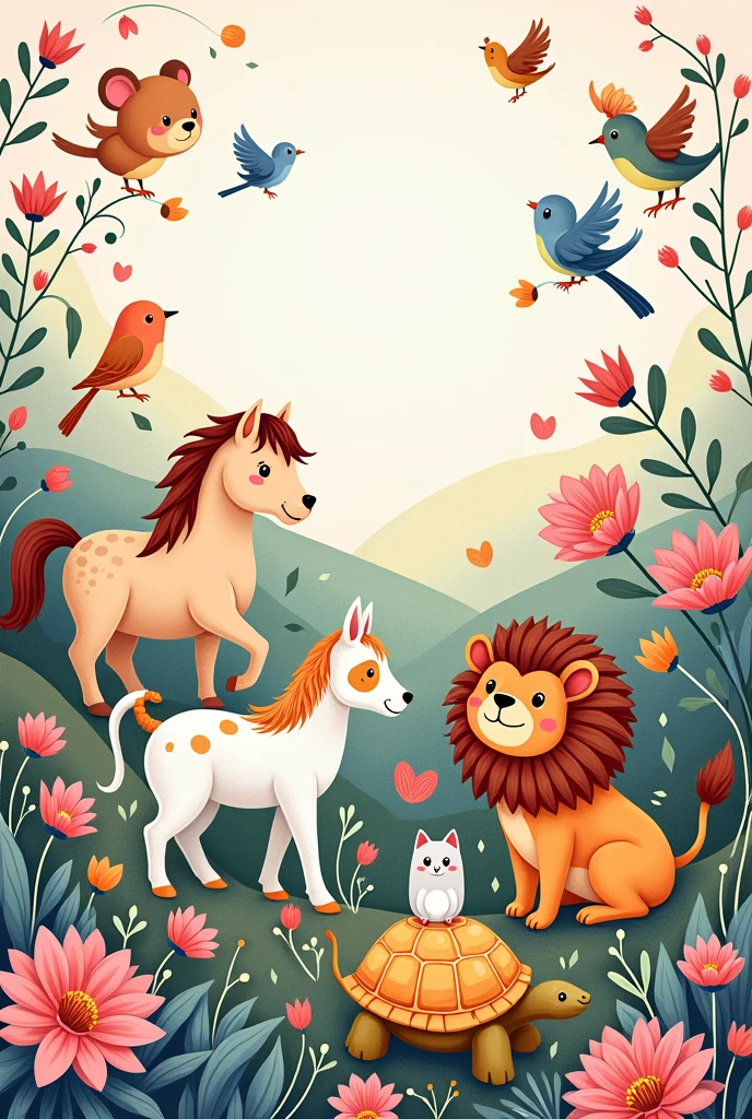 A cover for a coloring book , with several cute animals to paint, that are in harmony , add an average of 10 animals, among them horse, bear, mouse, tortoise, Lion, catboy, Puppy, bird