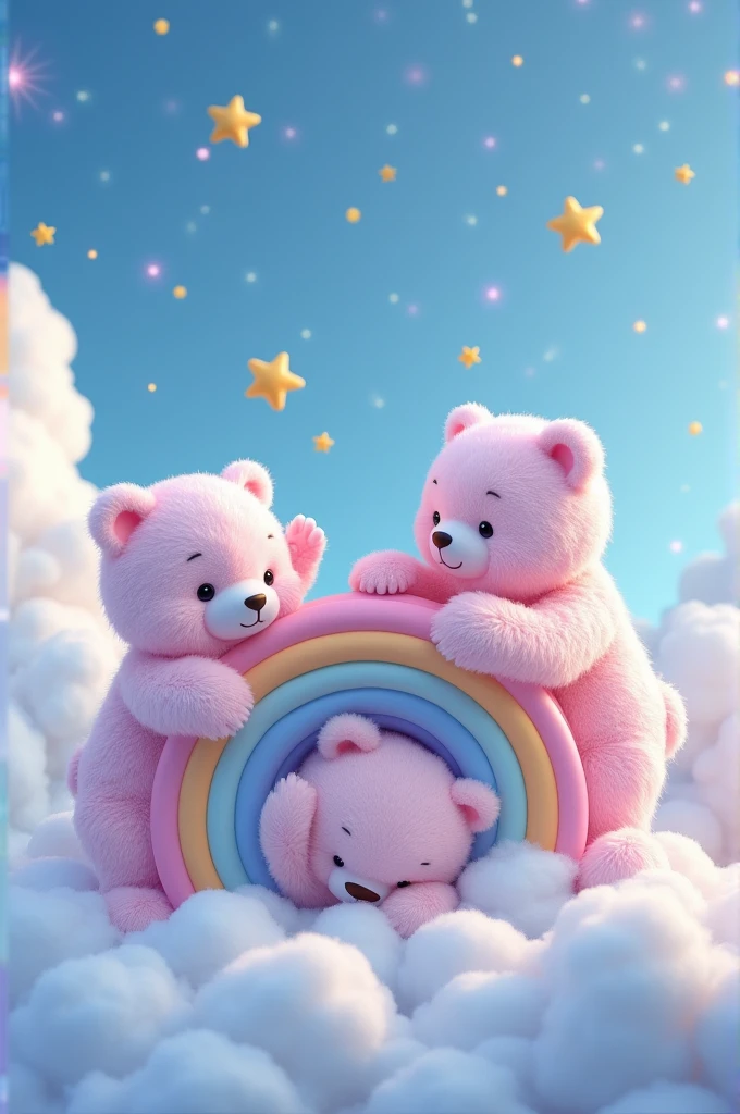 "Three very cute bears—lilac and pink—playing on a cute rainbow, atop beautiful blue clouds in a sky with twinkling stars, in ultra-realistic 4K 