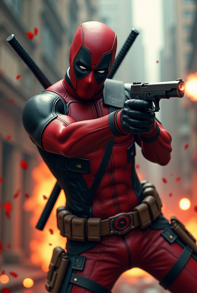 masterpiece, Highest quality, The best vantage point, Super detailed and intricate, Very delicate and beautiful, Highest quality light, (Ray Tracing:1.1),dead pool、Handguns in both hands、Bloody、During fierce fighting、Knock down the enemy