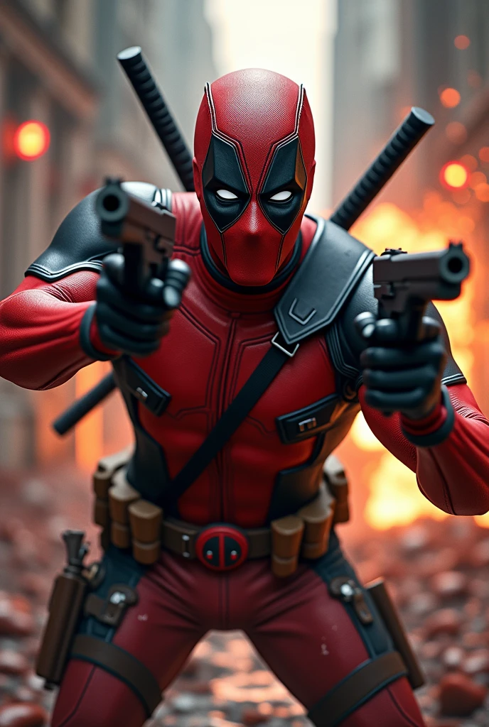 masterpiece, Highest quality, The best vantage point, Super detailed and intricate, Very delicate and beautiful, Highest quality light, (Ray Tracing:1.1),dead pool、Handguns in both hands、Bloody、During fierce fighting、Knock down the enemy