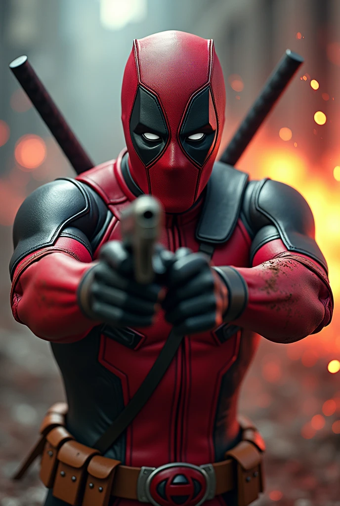 masterpiece, Highest quality, The best vantage point, Super detailed and intricate, Very delicate and beautiful, Highest quality light, (Ray Tracing:1.1),dead pool、Handguns in both hands、Bloody、During fierce fighting、Knock down the enemy