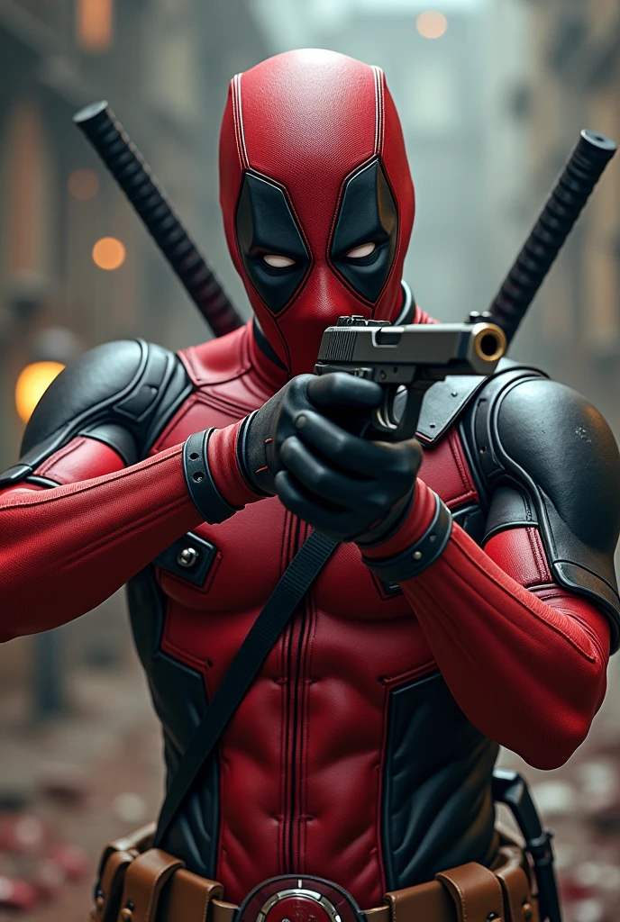 masterpiece, Highest quality, The best vantage point, Super detailed and intricate, Very delicate and beautiful, Highest quality light, (Ray Tracing:1.1),dead pool、Handguns in both hands、Bloody、During fierce fighting、Knock down the enemy