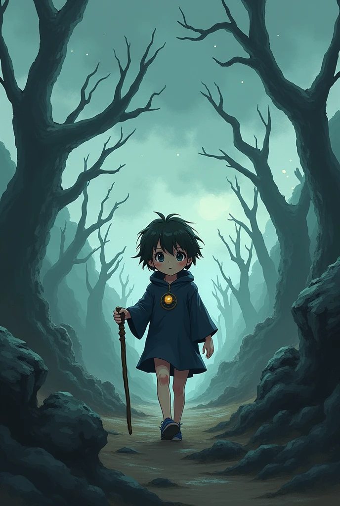 Anime , mage , Child walking with injured leg in a desolate creepy land