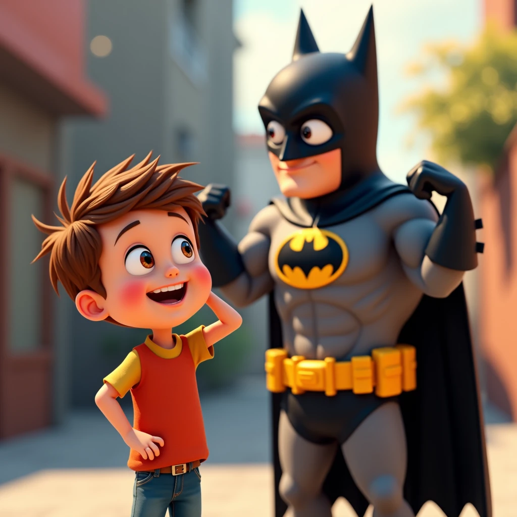 Image type: Pixar cartoon of a  boy, short brown hair, big cage eyes, Expression of a happy and friendly child. The boy is next to Batman showing his muscles
