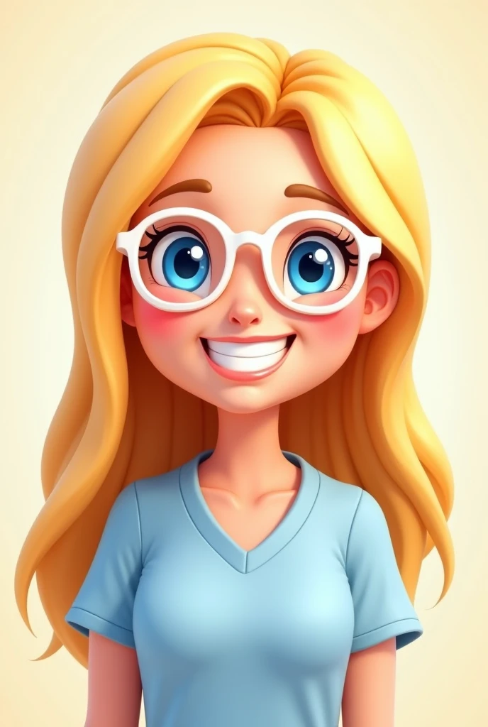 create a cheerful teacher avatar bitmoji style, White Teacher, long straight blonde hair.  Blue eyes and white framed glasses.